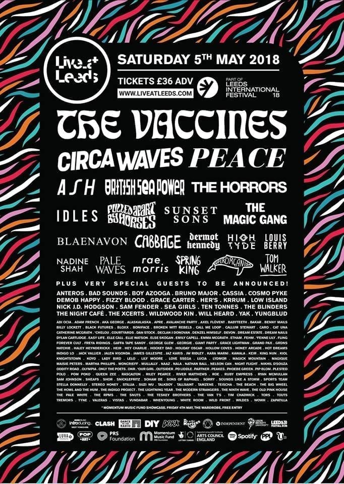 Live At Leeds 5 May 1 Festival poster for Live at Leeds 2018, a top UK festival featuring headliners The Vaccines, Circa Waves, and Peace. Includes event details and full lineup on a black background with a colorful border—perfect inspiration for cd duplication projects.