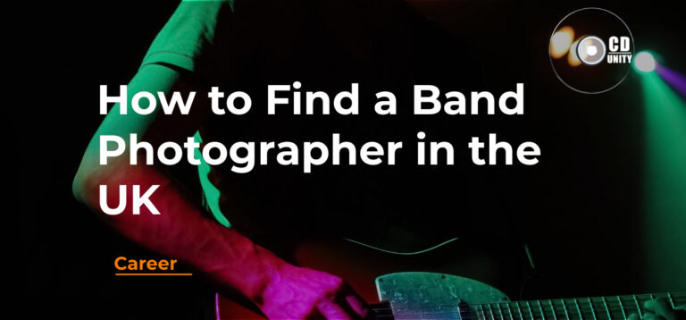 A person plays an electric guitar under colored stage lights, with the text "How to Find a Band Photographer in the UK" and the CD Unity logo.
