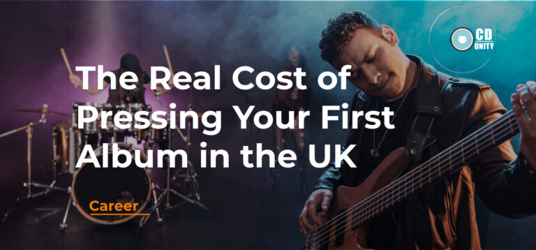 A band performs on stage with the text: "The Real Cost of Pressing Your First Album in the UK" and a logo in the top right corner.