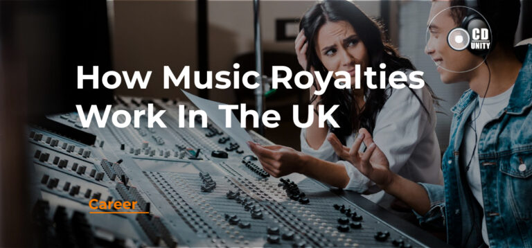 Two people sit at a sound mixing board in a recording studio, discussing paperwork. Text overlay reads: "How Music Royalties Work In The UK.