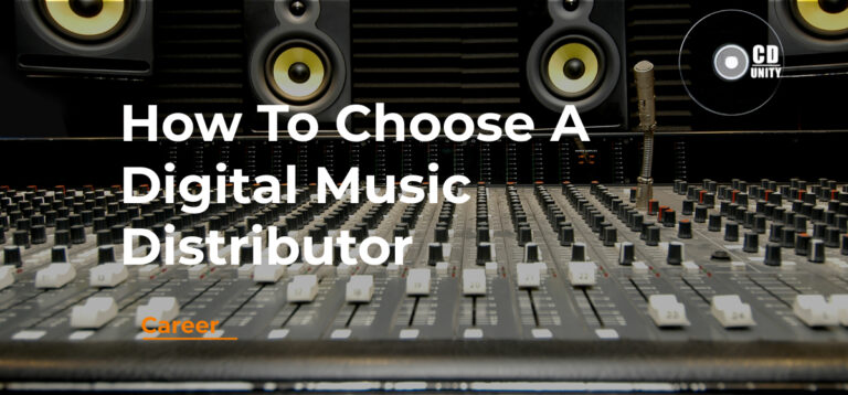 A recording studio mixing console with speakers and a microphone, overlaid with the text "How To Choose A Digital Music Distributor.