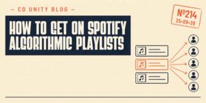 CD cover printing 41 Graphic with the title “How to Get on Spotify Algorithmic Playlists” and illustrated icons of music notes and user profiles on a beige background.
